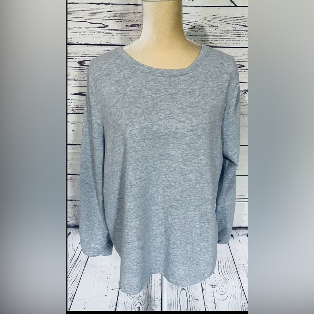 Talbots Womens XL Grey Knit Top Polka‎ Dot Striped Mixed Media Back Long Sleeve